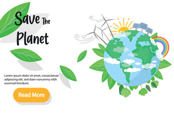 Save The Planet Vector Landing Page Banner or poster Template. Flat vector illustration for web design. Eco planet earth concept. Save the Earth. Green Energy Concept. Earth Day. Ecology concept. 