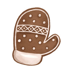Christmas gingerbread in the shape of a mitten with white icing. Winter sweets. Hand-drawn illustration for the New Year holidays. Christmas decor
