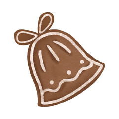 Christmas gingerbread in the shape of a bell with white icing. Winter sweets. Hand-drawn illustration for the New Year holidays. Christmas decor
