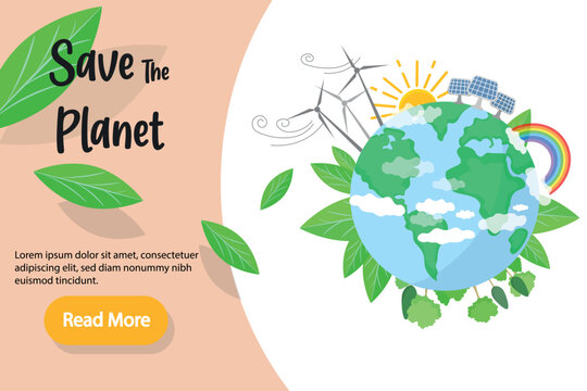 Save The Planet Vector Landing Page Banner or poster Template. Flat vector illustration for web design. Eco planet earth concept. Save the Earth. Green Energy Concept. Earth Day. Ecology concept. 