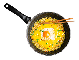 Kujirai Ramen, Shin Ramyeon or Ramyun with Egg, Melted Cheese and Scallion, Instant Noodles on White Background