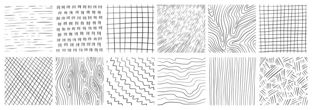 Set of hand drawn texture with different pencil patterns. Crosshatch, rain, wood, spiral and lines. Vector illustration on white background