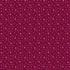 Cute simple modest floral pattern Smal pink flowers and leaves on a dark vine red, cherry, burgundy color background