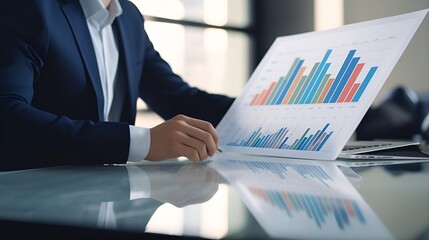 Discussing graphs and charts in an empty blurry space , Discussing graphs, charts, empty blurry space