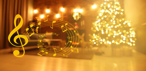 Music notes and blurred view of room decorated for Christmas and New Year celebration, bokeh...