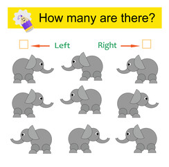 Left or Right. Educational game for kids. Count how many elephants are turned left and how many are turned right.