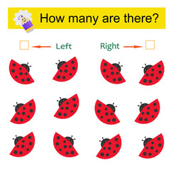 Left or Right. Educational game for kids. Count how many insects are turned left and how many are turned right.