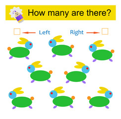 Left or Right. Educational game for kids. Count how many cartoon rabbits are turned left and how many are turned right.
