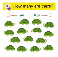 Left or Right. Educational game for kids. Count how many turtles are turned left and how many are turned right.