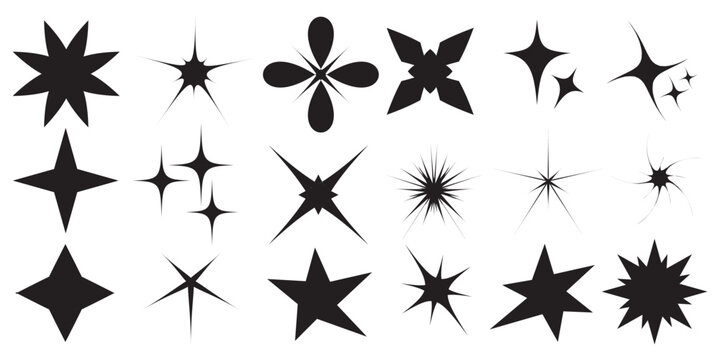 Y2k star icons. Retro sparkle shapes abstract brutalism star galaxy symbols. y2k design geometric silhouette elements. Modern geometric forms collection of Y2k elements. Y2k geometric brutalism  11:11