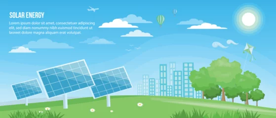 Poster Solar Energy. Alternative energy and ecology concept vector banner design. Isolated design elements. Vector landscape with sun panels  design elements. Renewable energy and clean environment design © Abrar