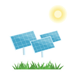 Vector Isolated Solar Panels Illustration. Isolated Sun panels with  shining sun and fresh grass design elements. Isolated on white background.