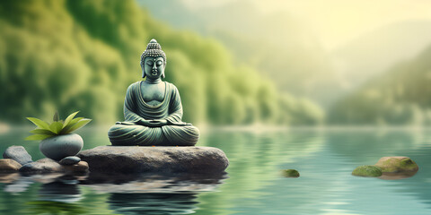Buddha statue by a lake serene Asian spa background green nature web banner with space for text - obrazy, fototapety, plakaty