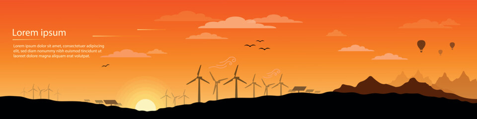 Fototapeta premium Renewable and Eco Friendly Energy Concept Vector Banner Vector Flat design elements for Clean Environment Technological sustainable and Alternative Energy concept vector banner design Sunset landscape
