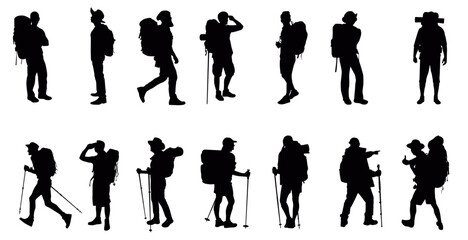 Silhouette of hiker. Collection of male and female hiker. mountaineer climber hiker people, vector silhouette collection - obrazy, fototapety, plakaty