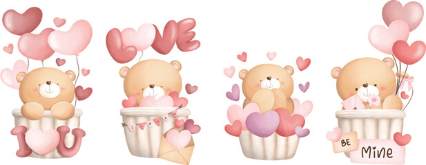 Watercolor Illustration set of Valentine Bears in Basket