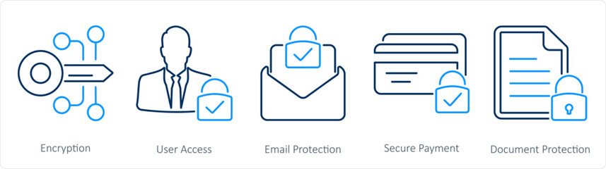 A set of 5 Cyber Security icons as encryption, user access, email protection