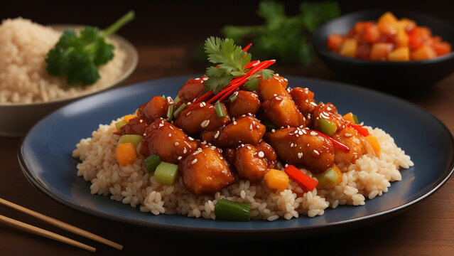 image that showcases the artistry of plating sweet and sour chicken on a bed of brown rice