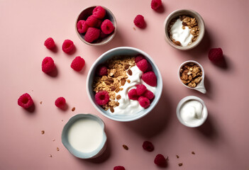 Gusto e Benessere- Bowl di Yogurt Greco, Lamponi Freschi e Granola in una Composizione Saporita