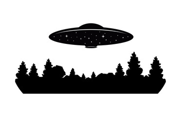 Fototapeta na wymiar A UFO in Jungle Silhouette vector isolated on a white background