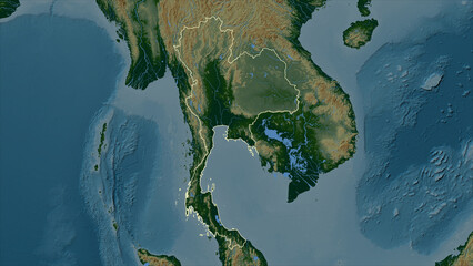 Thailand outlined. Physical elevation map