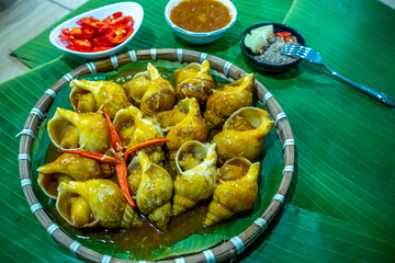 Steamed Spotted Babylon Blanching (Fresh Sea Babylonia Areolata Shell Boiled) served with passion...