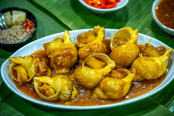 Steamed Spotted Babylon Blanching (Fresh Sea Babylonia Areolata Shell Boiled) served with passion fruit sauce goodtasty decorated with spices side view