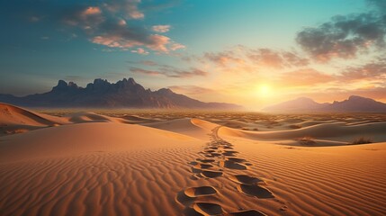 footsteps in the sand of the desert to horizon with sunset - obrazy, fototapety, plakaty