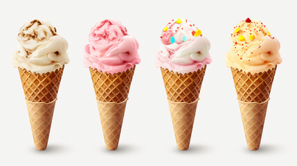 Set of ice cream in waffle cone isolated on white background.