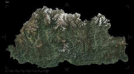 Obraz premium Bhutan shape isolated on black. Low-res satellite map