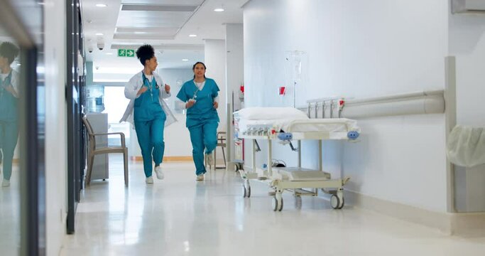 Woman, doctor and running in hallway emergency, ICU or quick surgery to save life at hospital. Female person, medical team or nurse in rush for ER healthcare, urgency or support together at clinic