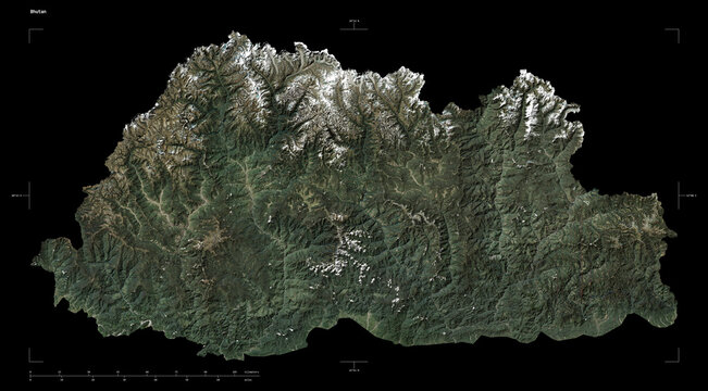 Bhutan shape isolated on black. Low-res satellite map