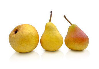 Three yellow-orange pears on an isolated white background. Isolate, Background information