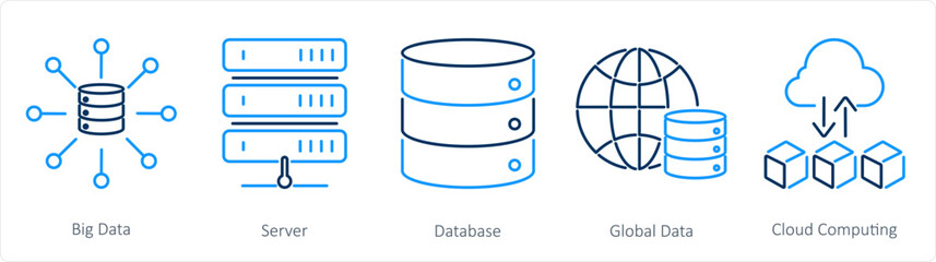A set of 5 data analytics icons as big data, server, database