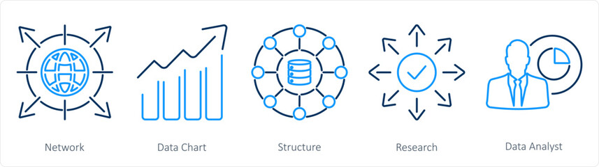 A set of 5 data analytics icons as network, data chart, structure