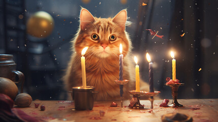 Ginger cat with a birthday cake