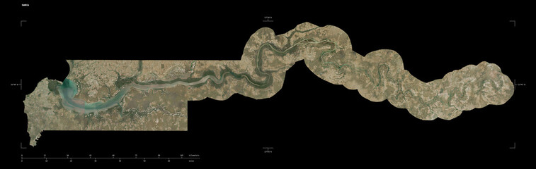Gambia shape isolated on black. Low-res satellite map © zelwanka