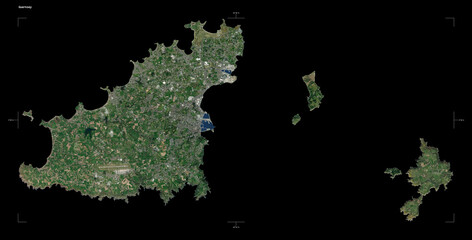 Guernsey shape isolated on black. Low-res satellite map