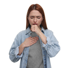 Woman coughing on white background. Cold symptoms