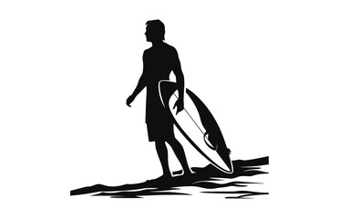 A Surfer with Surfboard black vector silhouette isolated on a white background