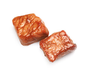 Pieces of delicious cooked beef isolated on white, top view. Tasty goulash