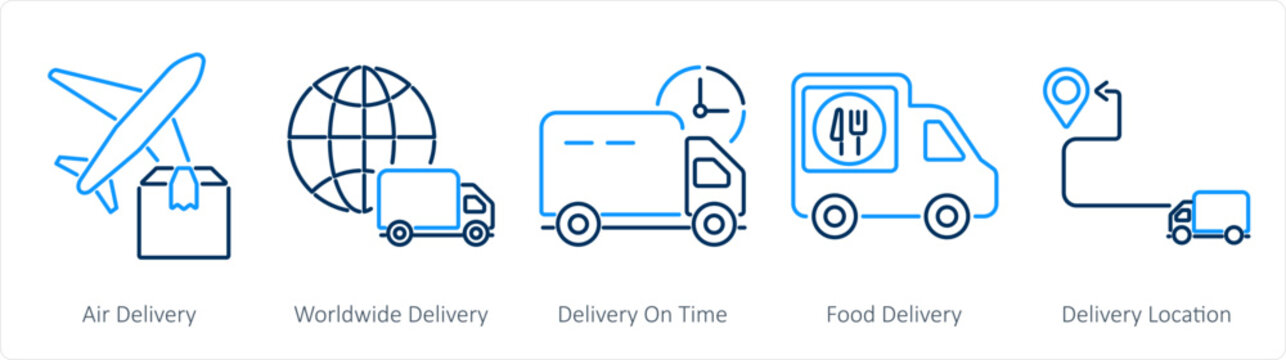 A set of 5 delivery icons as air delivery, worldwide dellivery, delivery on time