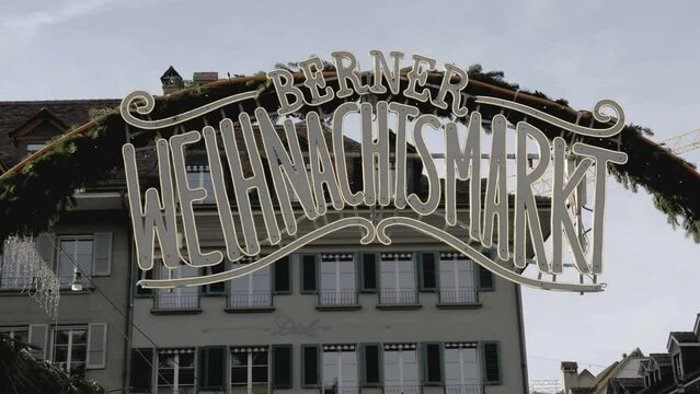Bern Christmas market sign, establishing shot