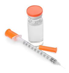 Disposable syringe with needle and vial isolated on white