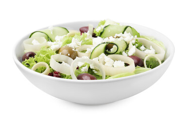 Bowl of tasty salad with leek, olives and cheese isolated on white