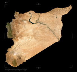 Syria shape isolated on black. Low-res satellite map