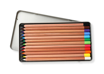Box with many colorful pastel pencils isolated on white, top view. Drawing supplies