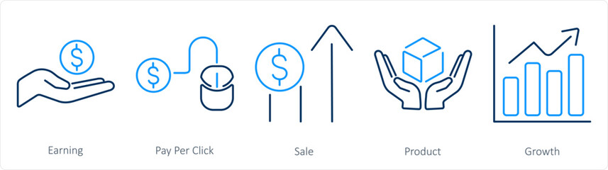 A set of 5 digital marketing icons as earning, pay per click, sale