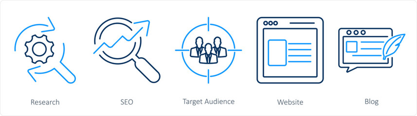 A set of 5 digital marketing icons as research, seo, target audience