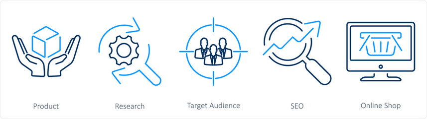 A set of 5 digital marketing icons as product, research, target audience